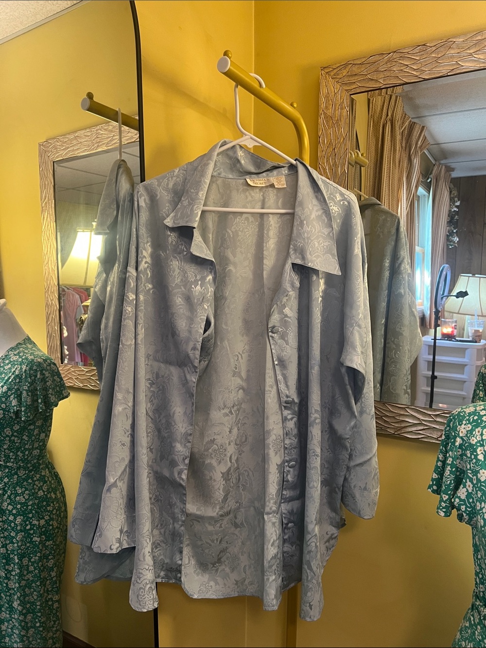 Vintage Victoria secret Light Blue Satin Jacquard Women's Button-Front Top robe